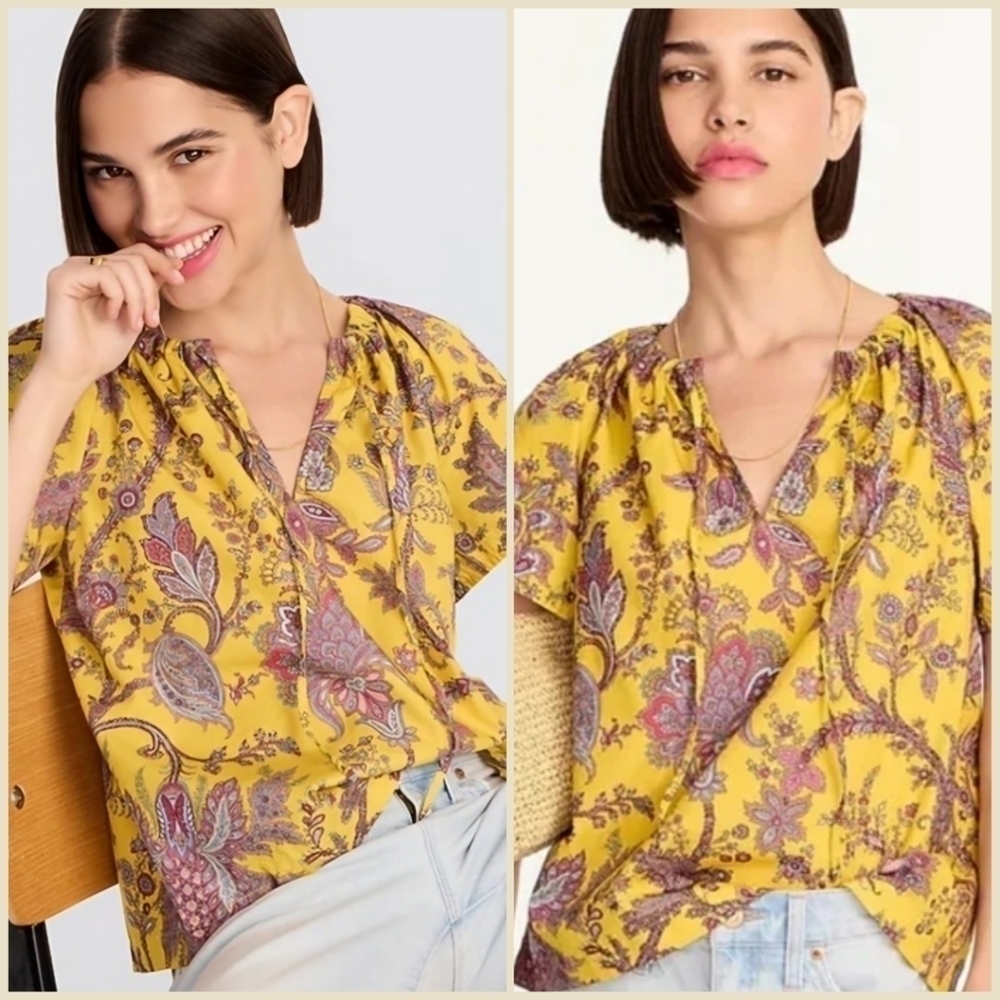 J. Crew Collection Tie-Neck Cotton Poplin Top in Golden Paisley Size XS